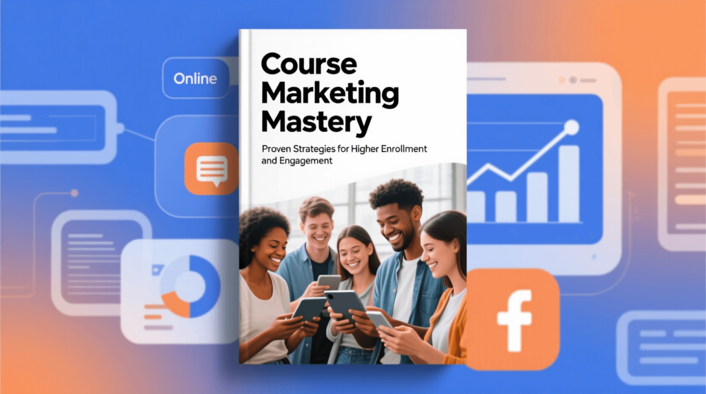 Book cover titled Course Marketing Mastery featuring young adults engaging with smartphones, highlighting digital strategies for boosting course enrollment and engagement.